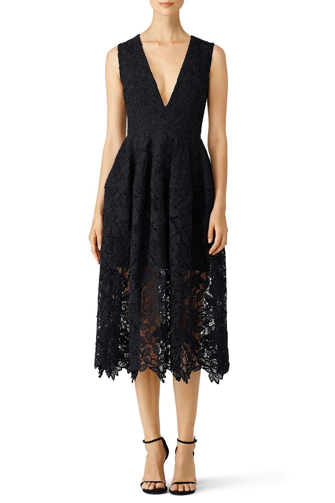 Nicholas Black Mosaic Lace Ball Sleeveless V-Neck Midi Dress Size 8